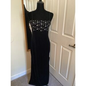 Black velvet dress vintage Baby Doll Sz Large Maxi Slit Sexy Y2K Cocktail